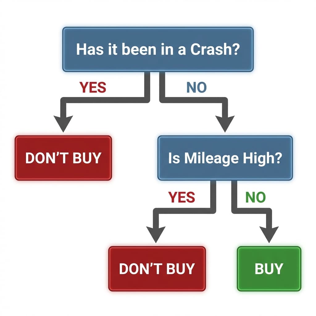Decision tree flowchart showing car buying logic with crash history and mileage checks